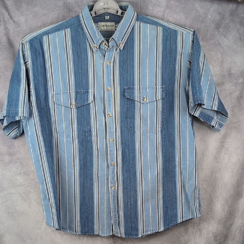 Vintage Men’s Campus Blue & White Striped Cotton Denim Shirt Size XL